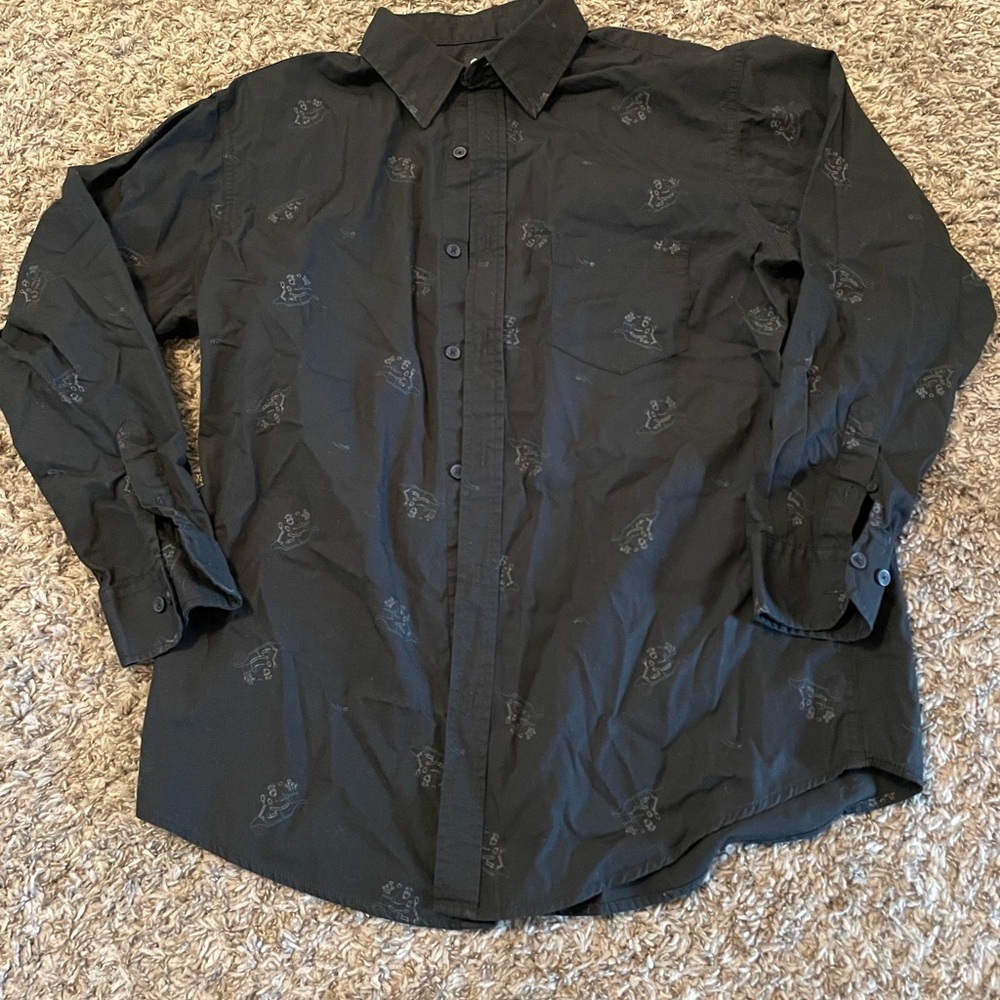 Haggar Men's Black Button-Down Shirt with Santa on a Golf Cart design